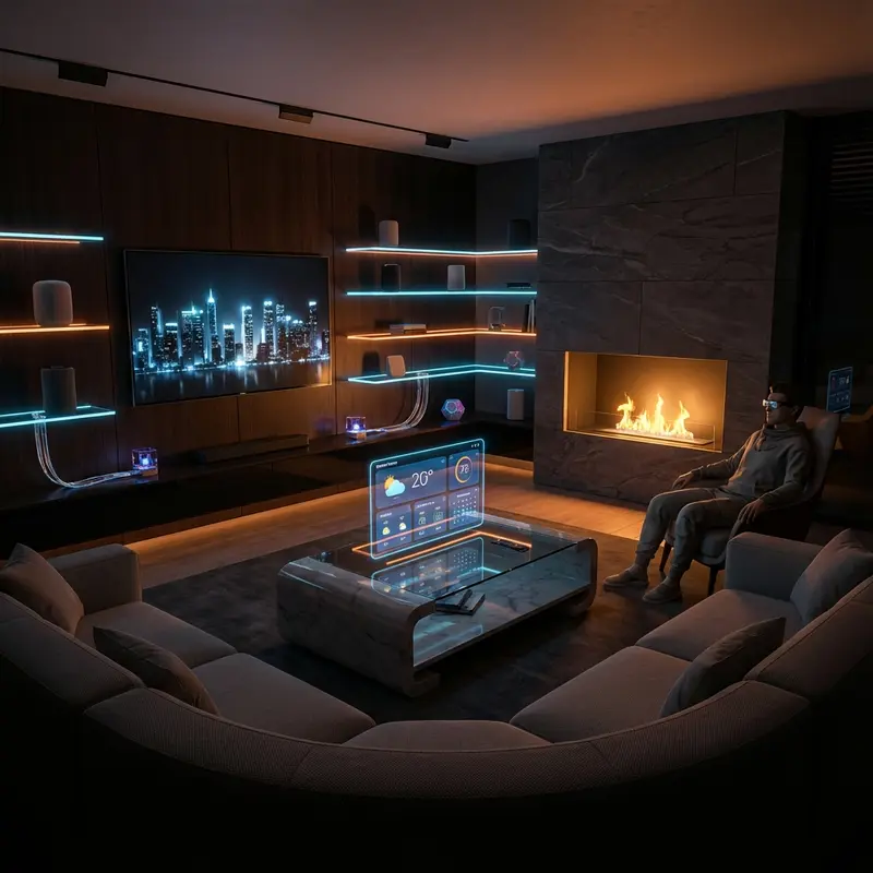 Illustration of a modern living room with glowing smart-home displays by a fireplace